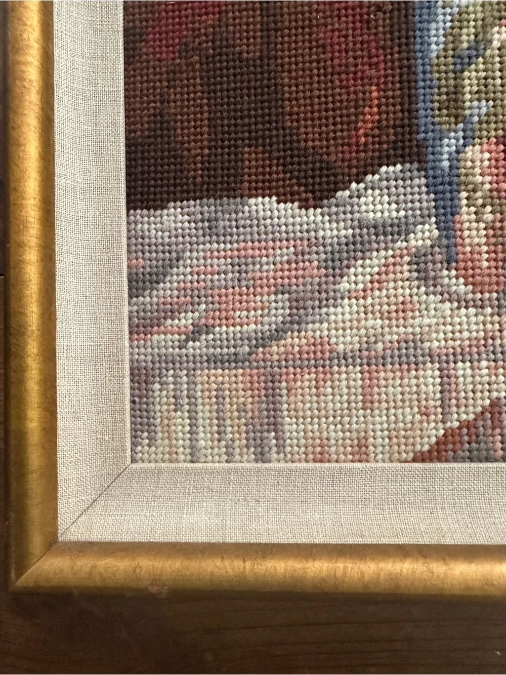 VINTAGE Framed Floral Needlepoint Art in Gold Frame- size 20-1/2” long x 15”wide